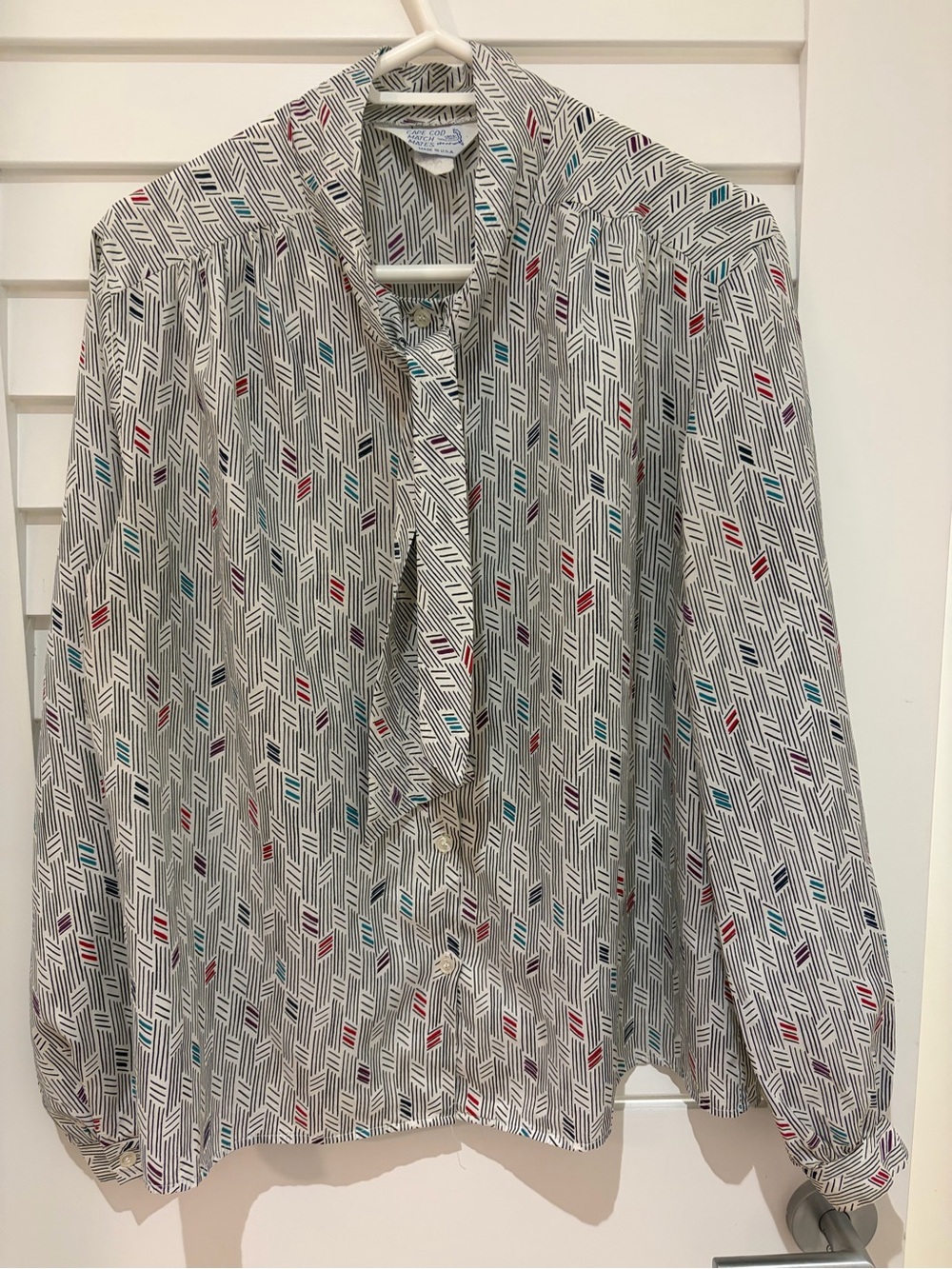 Tie-Neck Printed Blouse in Cream with Multi-Color Geometric Print